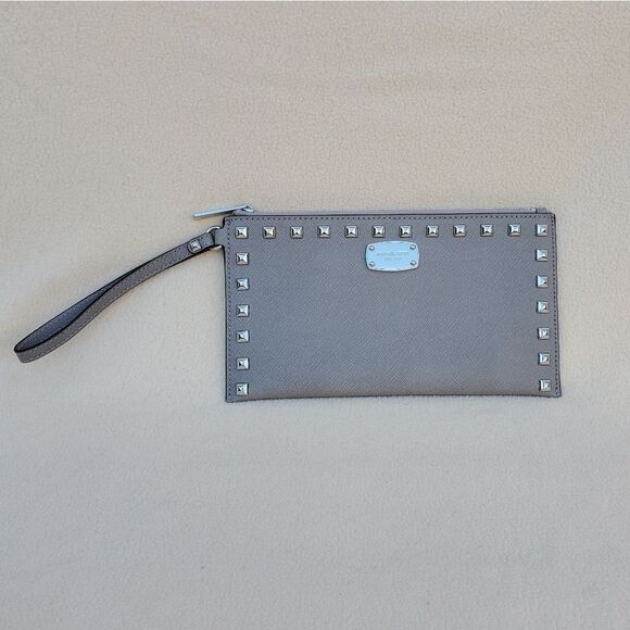 Michael Kors Gray Silver Studded Wristlet Clutch - Picture 1 of 12